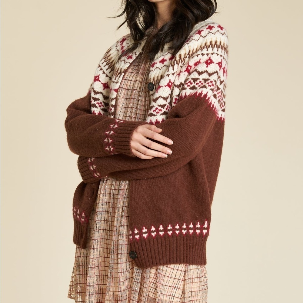 Brown and Cream Women's fair isle Cardigan Sweater